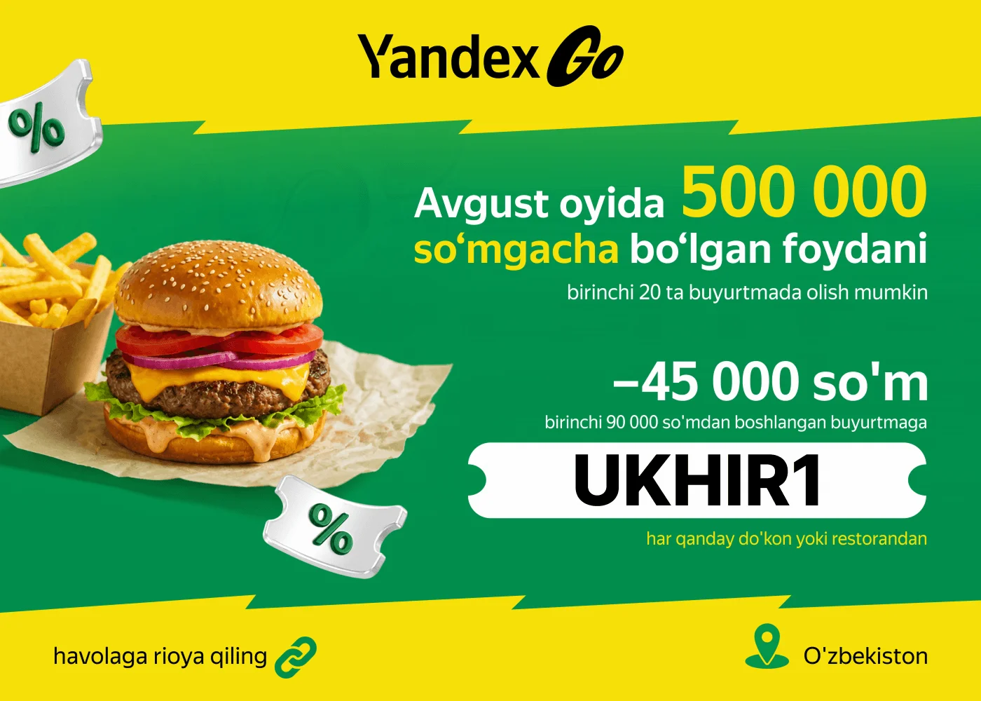 Yandex Go promokod UKHIR1: avgustda 500 000 so‘mgacha chegirma